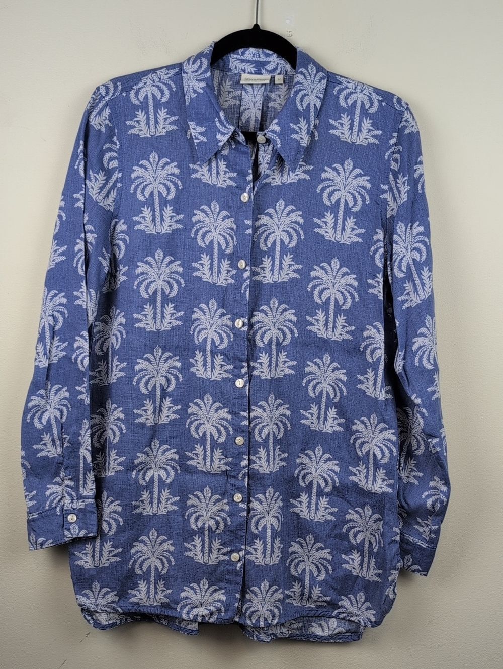 Spartina 449 Ada Linen Tunic Oyster Bay Blue Palm Print Button-Up Shirt Size M